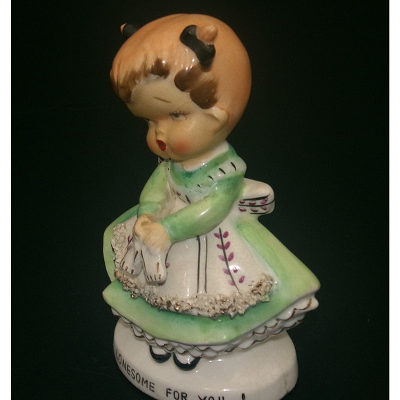Vintage Ucagco Girl Green Dress “Lonsome for You" Valentine Figurine Japan RARE - Picture 9 of 14